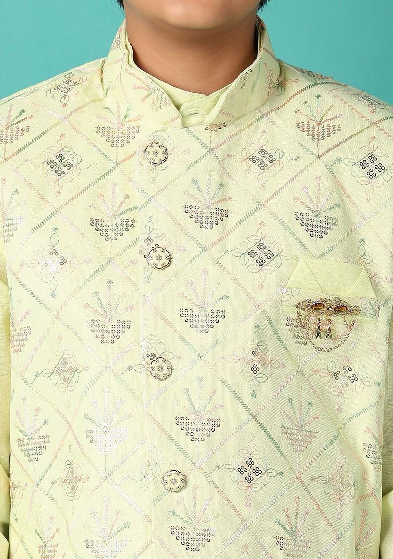 Green Embroidered Cotton Nehru Jacket Set For Boys - Indya