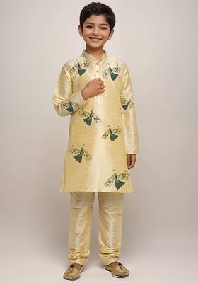 Beige Printed Silk Kurta Set For Boys