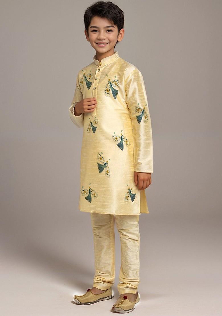 Beige Printed Silk Kurta Set For Boys - Indya