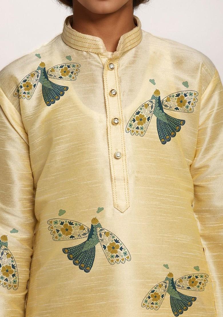 Beige Printed Silk Kurta Set For Boys - Indya