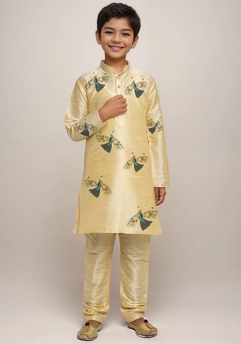 Beige Printed Silk Kurta Set For Boys — view on Indya