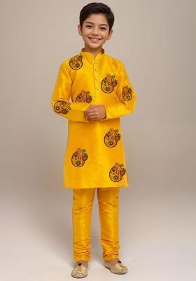 Yellow Printed Silk Kurta Set For Boys