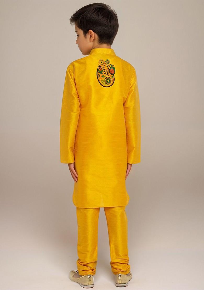 Yellow Printed Silk Kurta Set For Boys - Indya