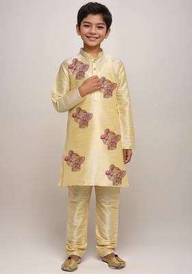Beige Printed Silk Kurta Set For Boys