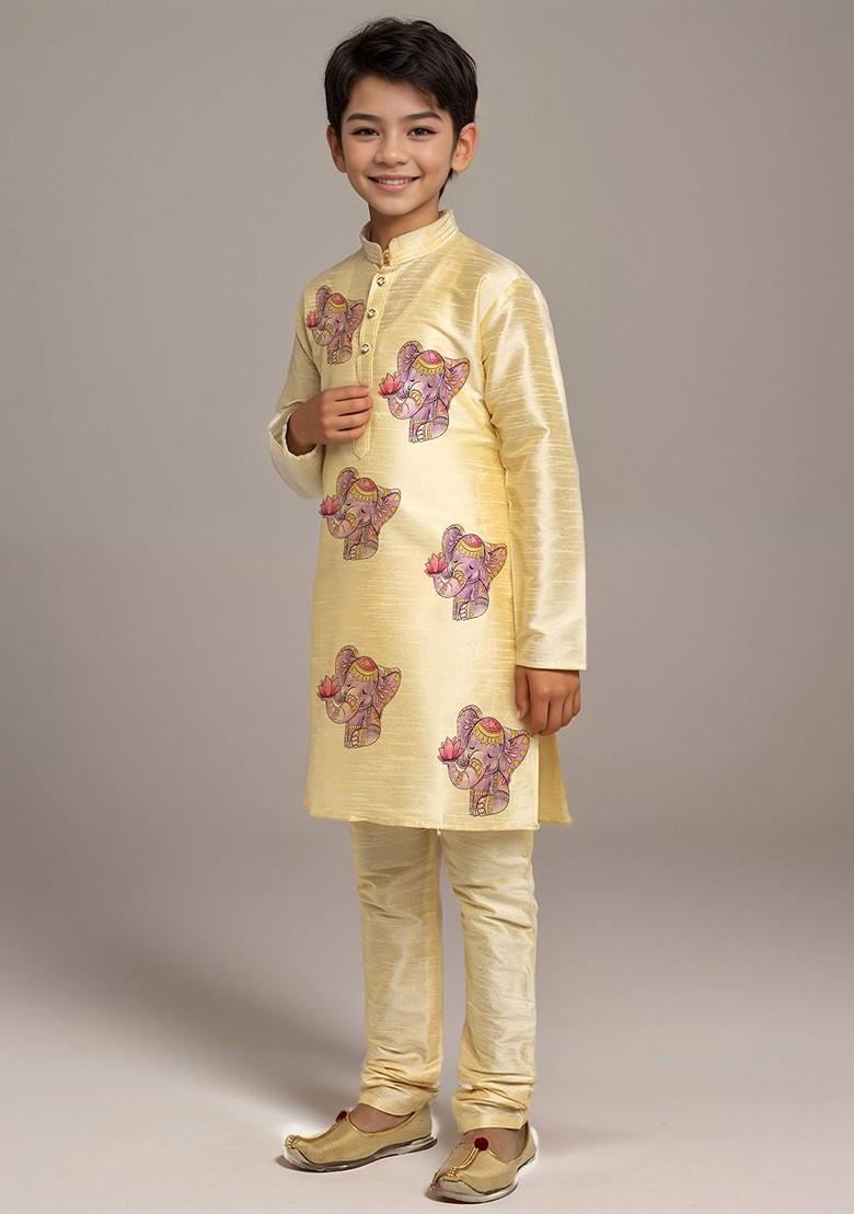 Beige Printed Silk Kurta Set For Boys - Indya