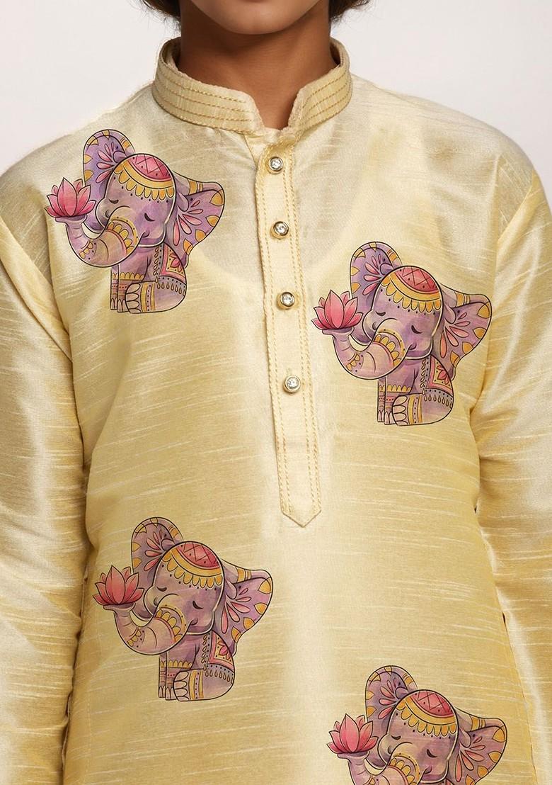 Beige Printed Silk Kurta Set For Boys - Indya