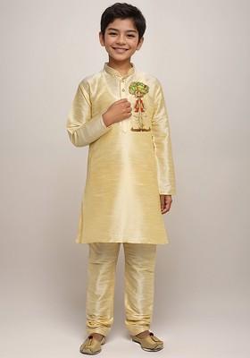 Beige Printed Silk Kurta Set For Boys