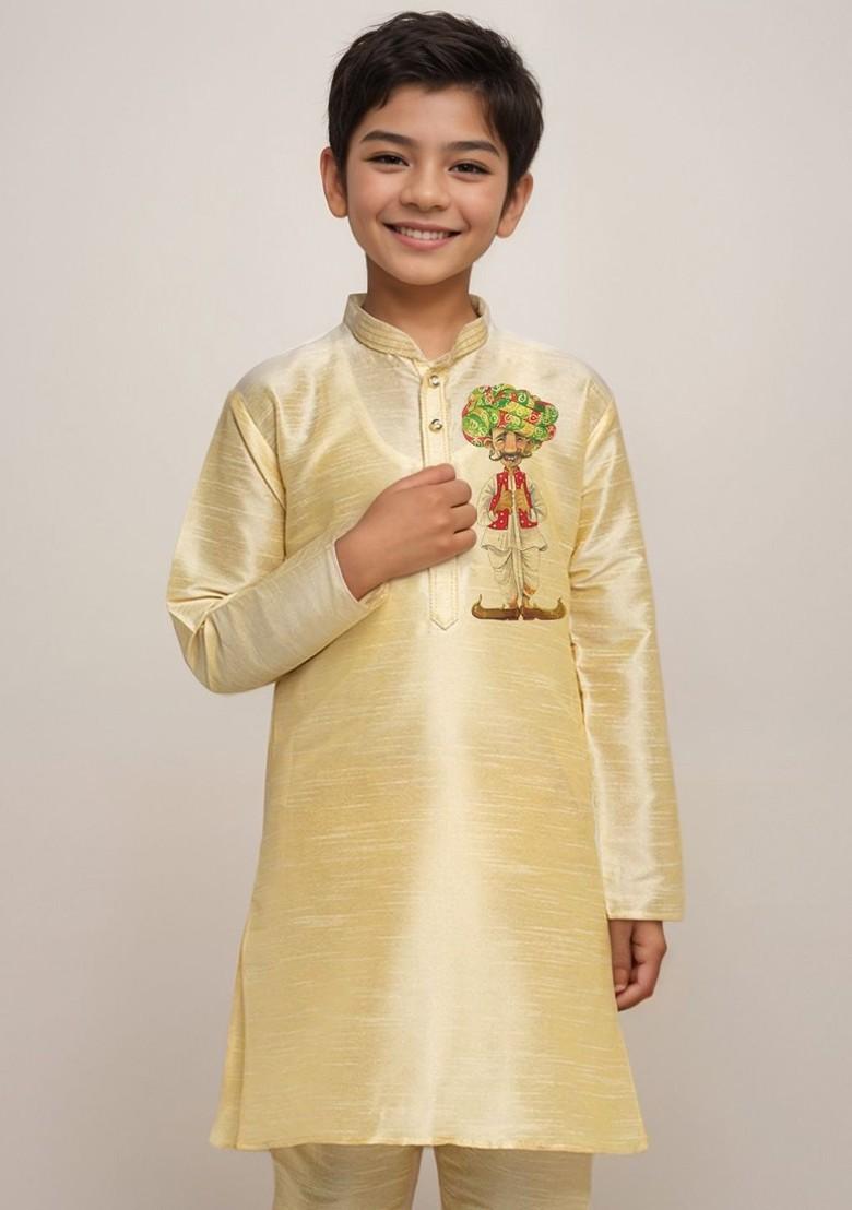 Beige Printed Silk Kurta Set For Boys - Indya