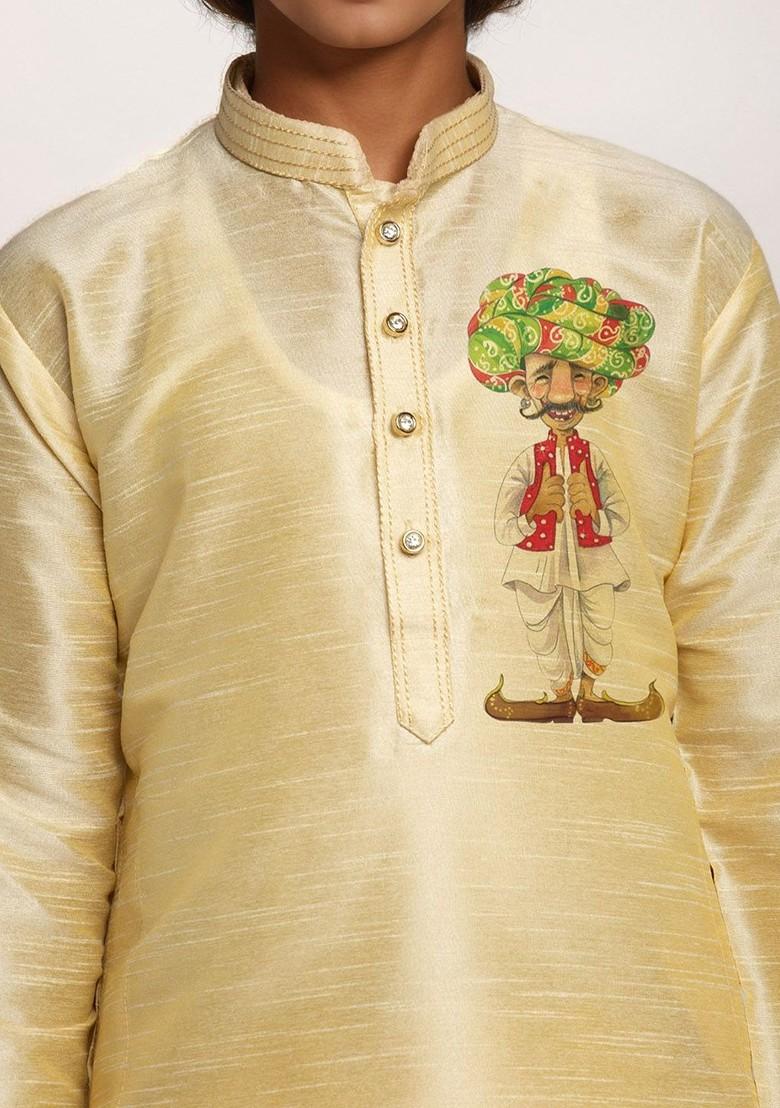 Beige Printed Silk Kurta Set For Boys - Indya