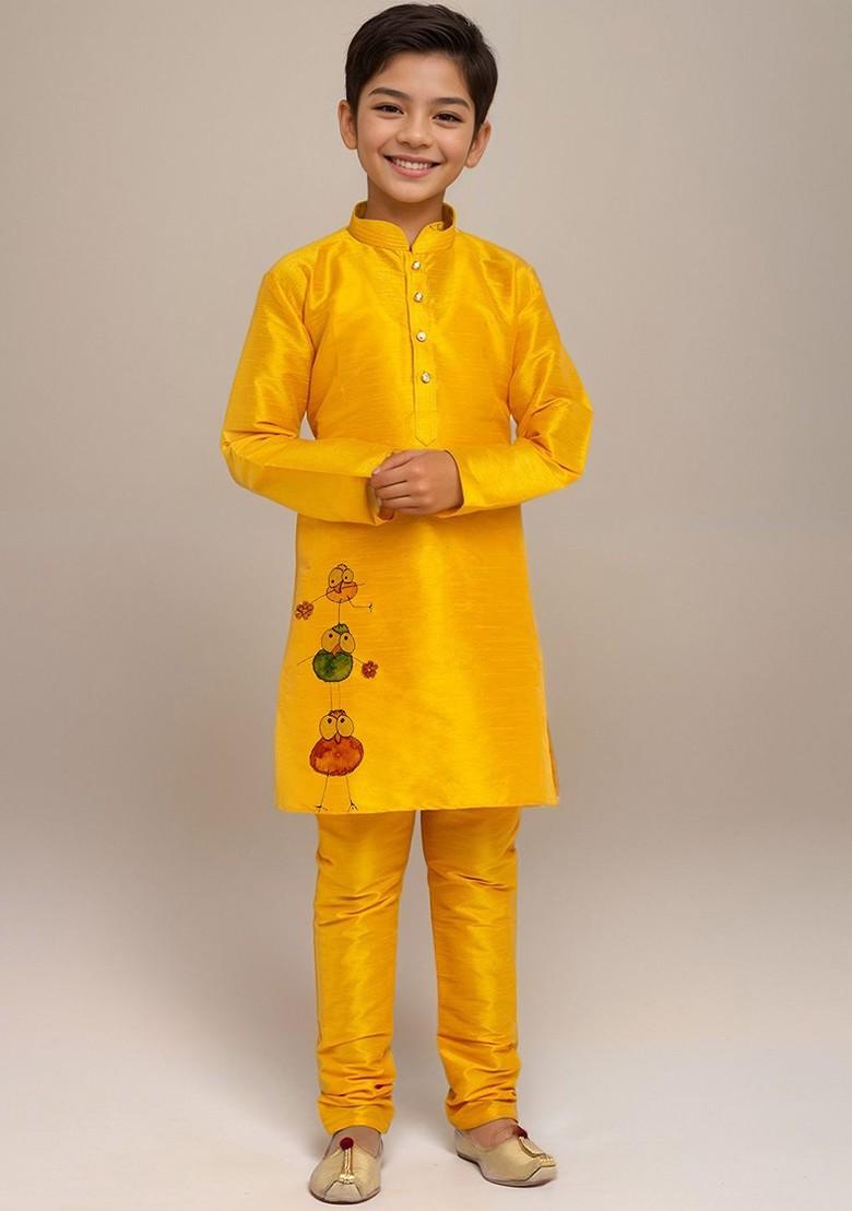 Yellow Embroidered Silk Kurta Set For Boys - Indya