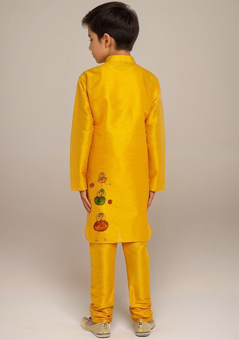 Yellow Embroidered Silk Kurta Set For Boys - Indya