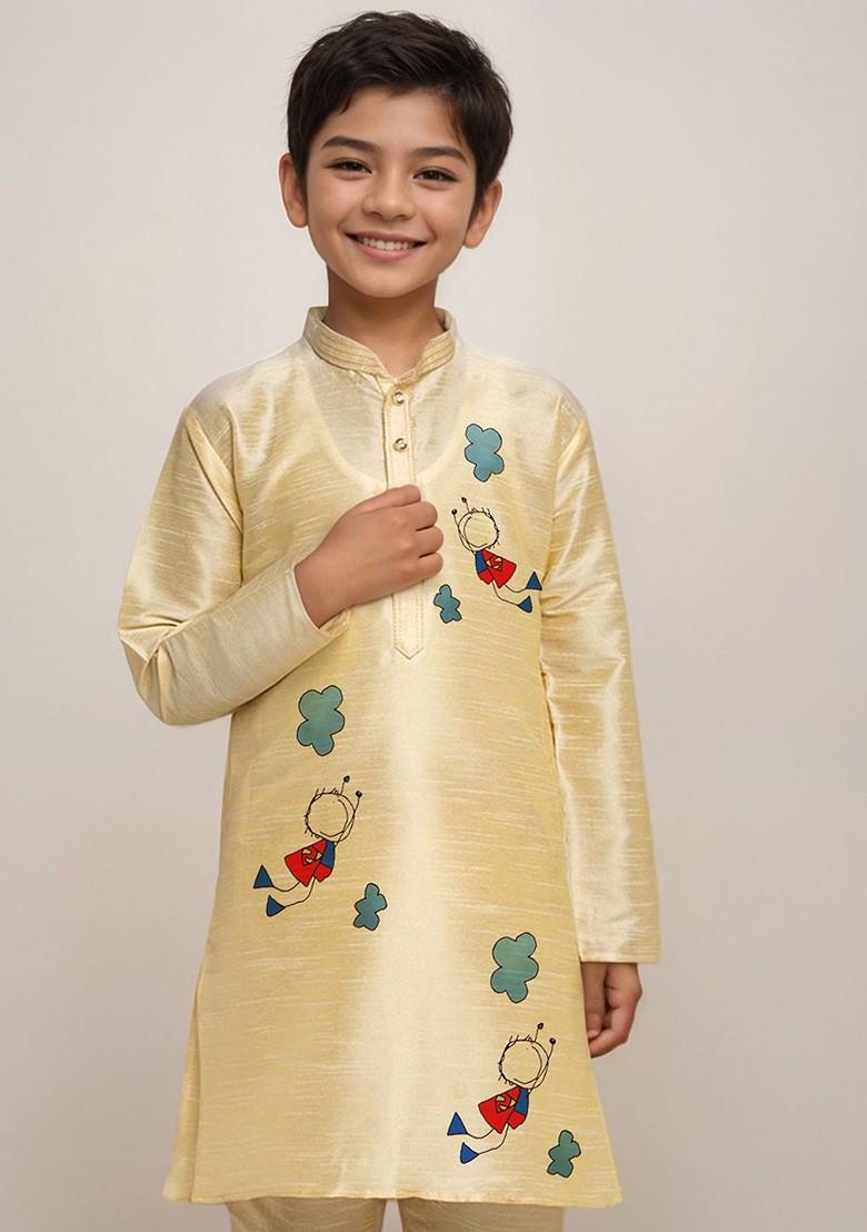 Beige Printed Blended Kurta Set For Boys - Indya