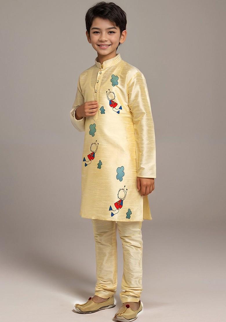 Beige Printed Blended Kurta Set For Boys - Indya
