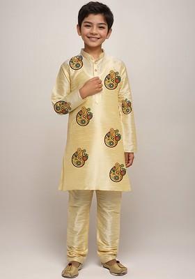 Beige Printed Silk Kurta Set For Boys