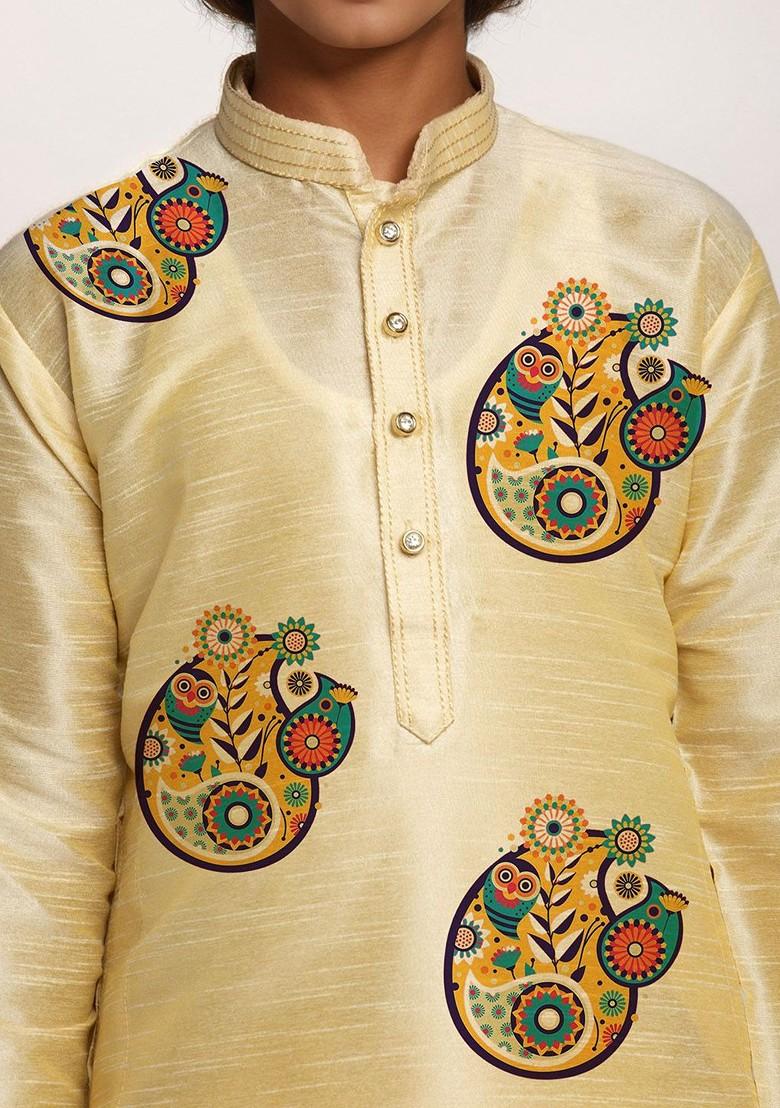 Beige Printed Silk Kurta Set For Boys - Indya