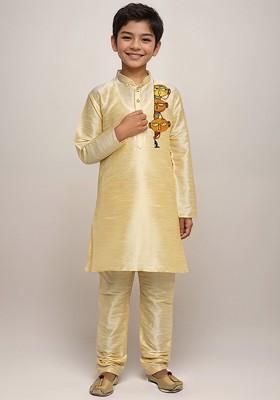 Beige Embroidered Silk Kurta Set For Boys