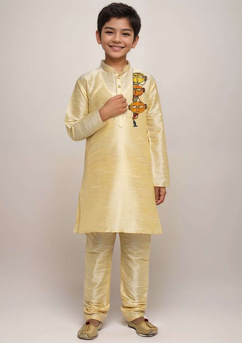 Beige Embroidered Silk Kurta Set For Boys - Indya