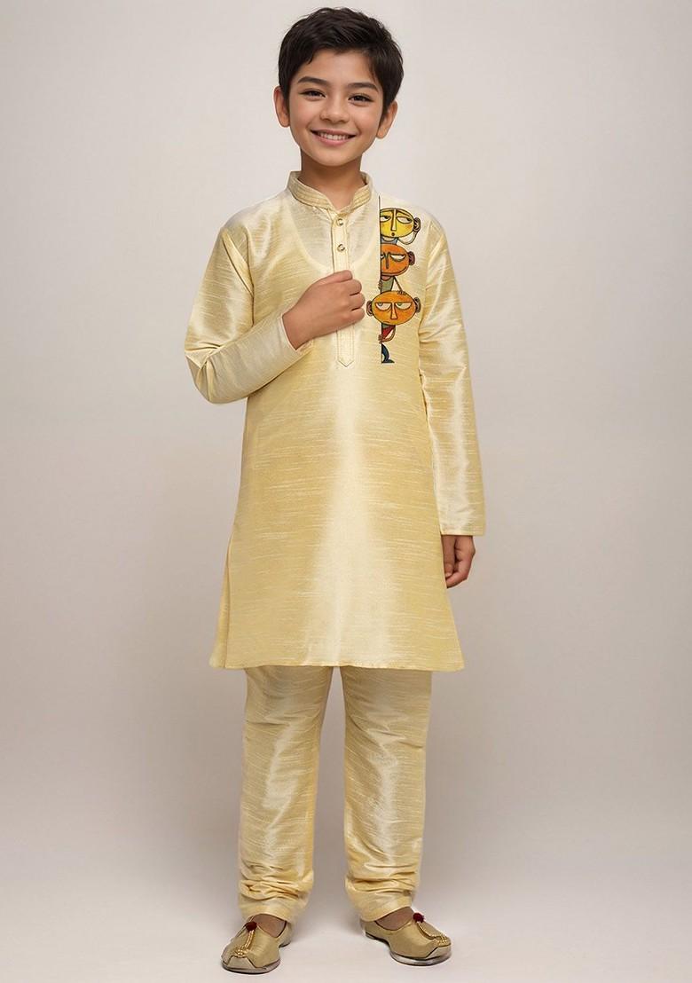 Beige Embroidered Silk Kurta Set For Boys - Indya