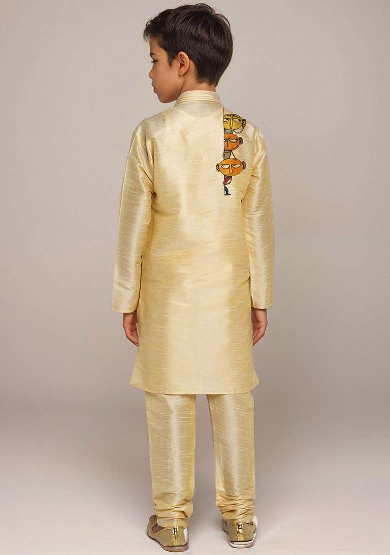 Beige Embroidered Silk Kurta Set For Boys - Indya