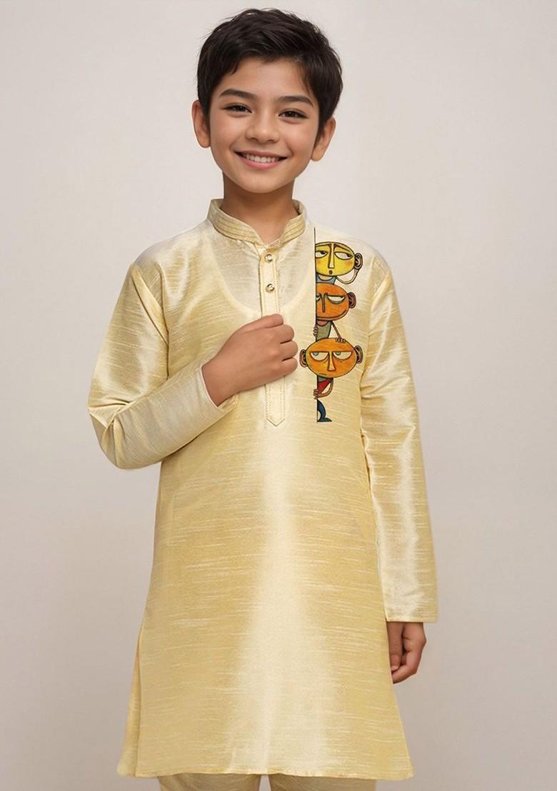 Beige Embroidered Silk Kurta Set For Boys - Indya