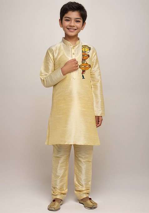 Beige Embroidered Silk Kurta Set For Boys