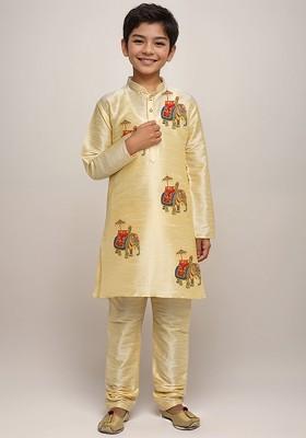Beige Printed Silk Kurta Set For Boys
