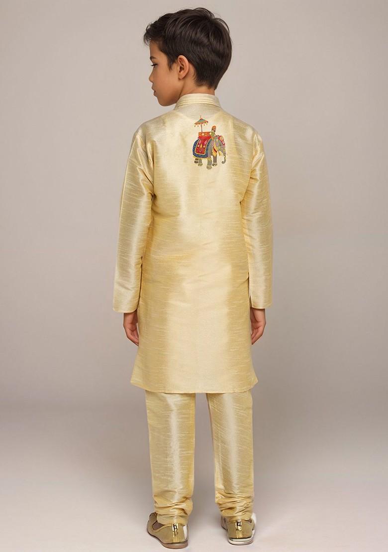 Beige Printed Silk Kurta Set For Boys - Indya
