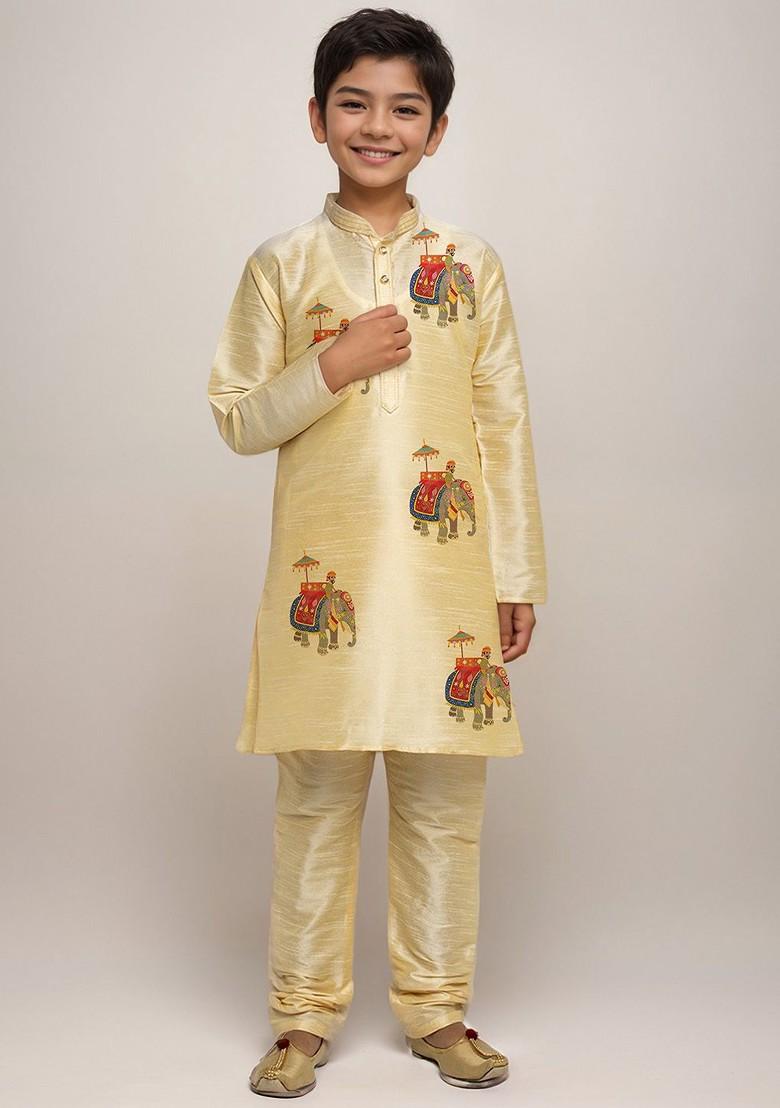 Beige Printed Silk Kurta Set For Boys - Indya