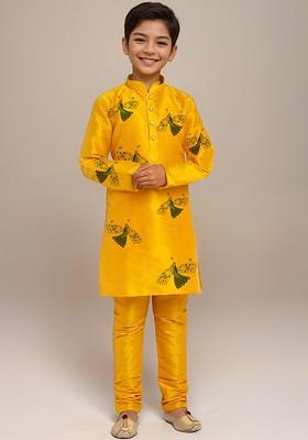 Yellow Printed Silk Kurta Set For Boys