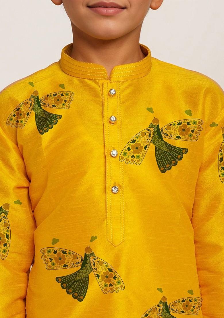 Yellow Printed Silk Kurta Set For Boys - Indya