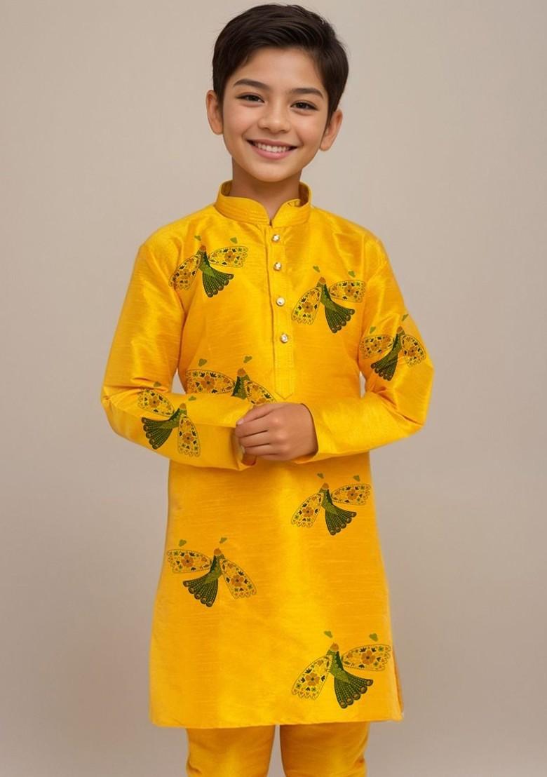 Yellow Printed Silk Kurta Set For Boys - Indya
