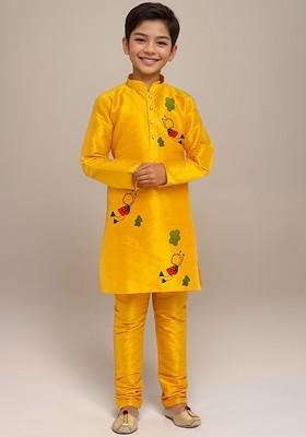 Yellow Printed Silk Kurta Set For Boys
