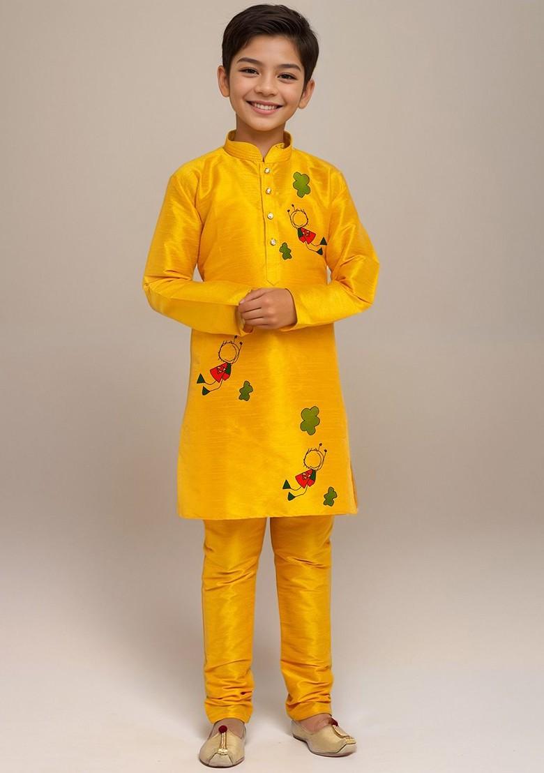 Yellow Printed Silk Kurta Set For Boys - Indya