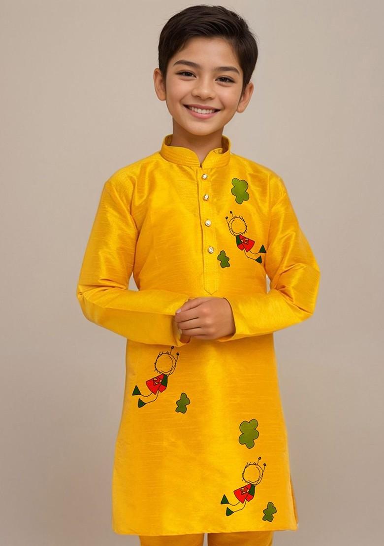 Yellow Printed Silk Kurta Set For Boys - Indya