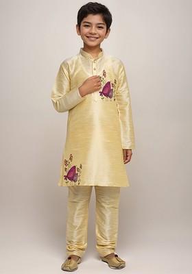 Beige Printed Silk Kurta Set For Boys