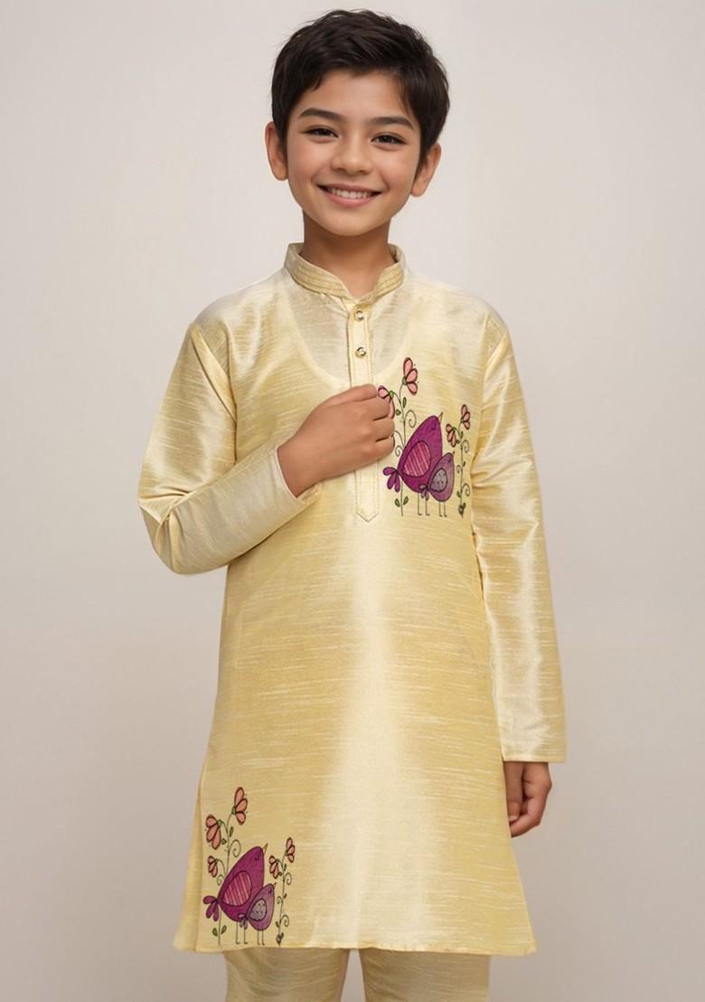 Beige Printed Silk Kurta Set For Boys - Indya