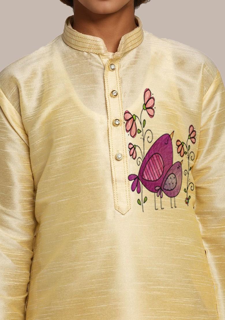 Beige Printed Silk Kurta Set For Boys - Indya