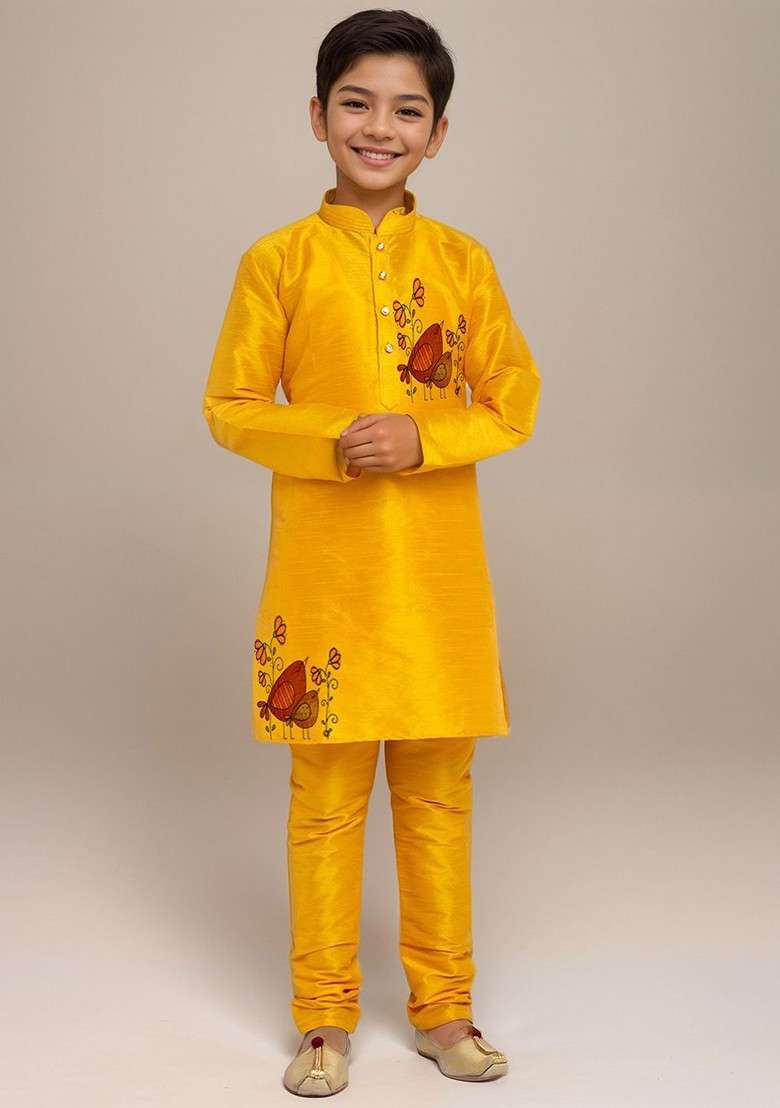 Yellow Printed Silk Kurta Set For Boys - Indya