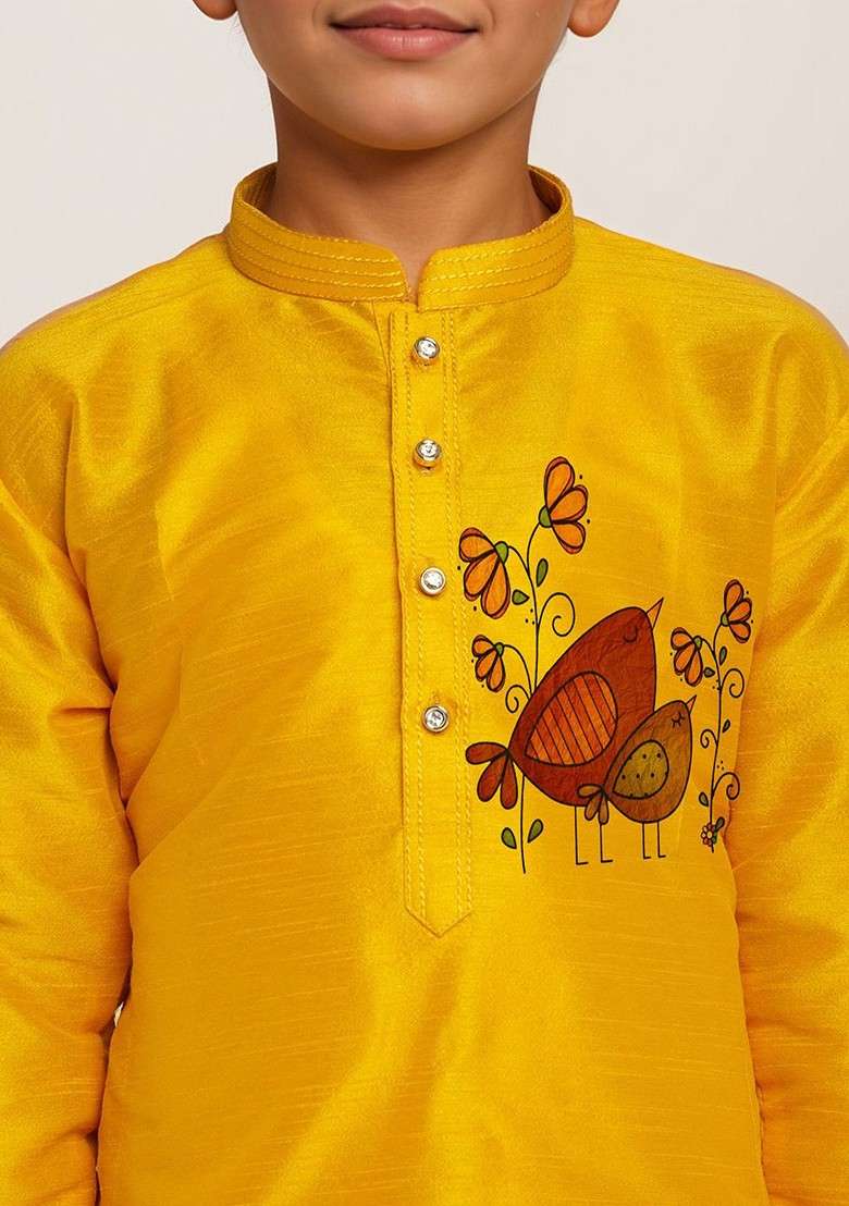 Yellow Printed Silk Kurta Set For Boys - Indya