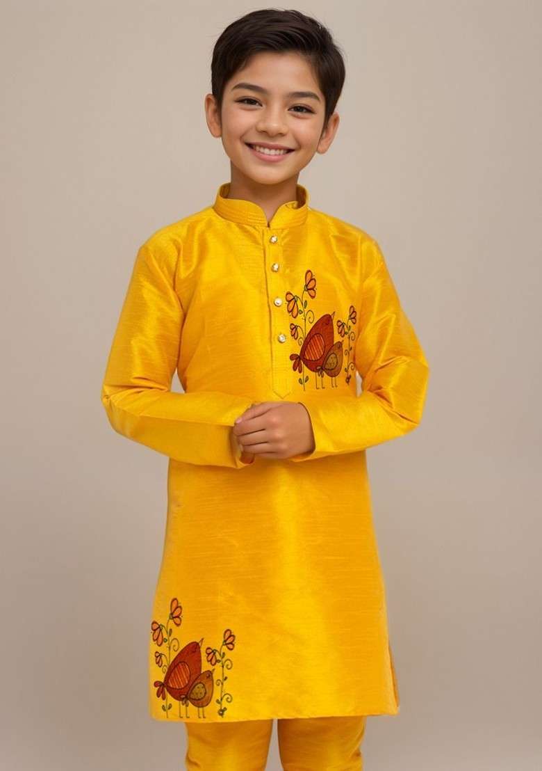 Yellow Printed Silk Kurta Set For Boys - Indya