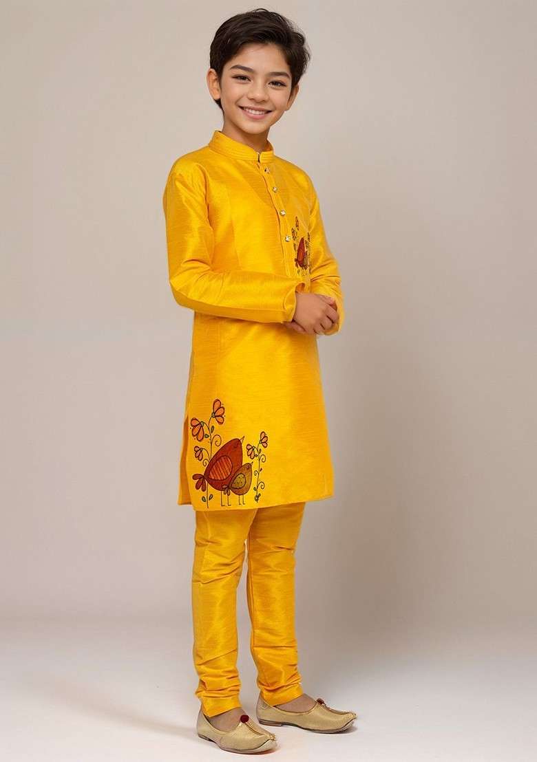 Yellow Printed Silk Kurta Set For Boys - Indya
