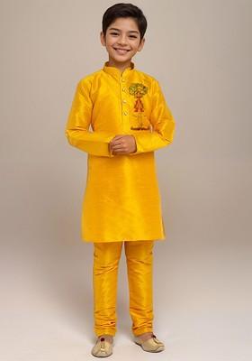 Yellow Printed Silk Kurta Set For Boys