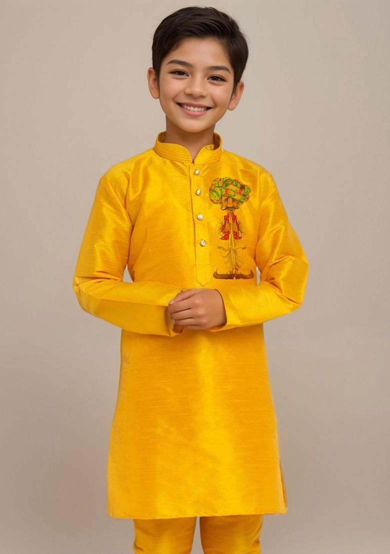 Yellow Printed Silk Kurta Set For Boys - Indya