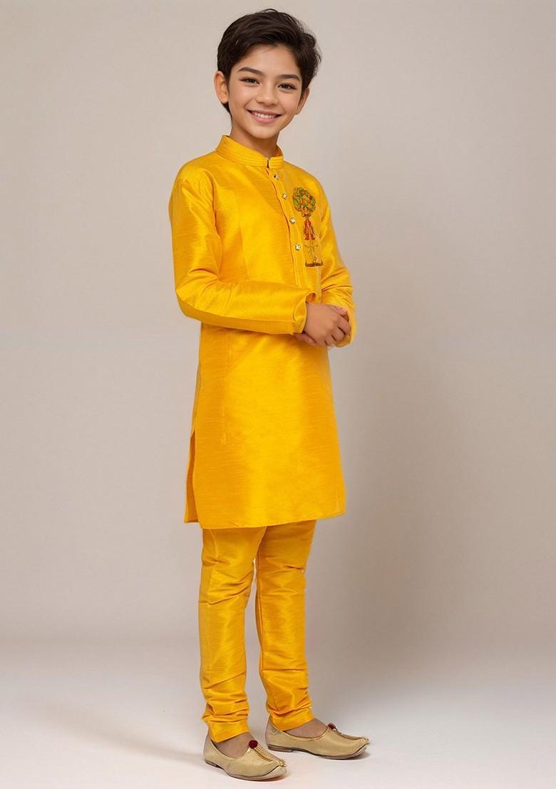 Yellow Printed Silk Kurta Set For Boys - Indya