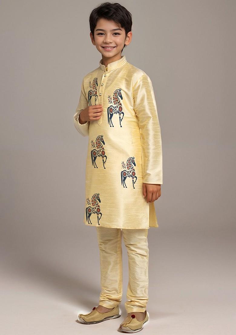 Beige Printed Silk Kurta Set For Boys - Indya