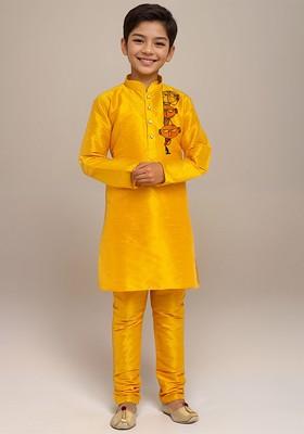 Yellow Printed Silk Kurta Set For Boys