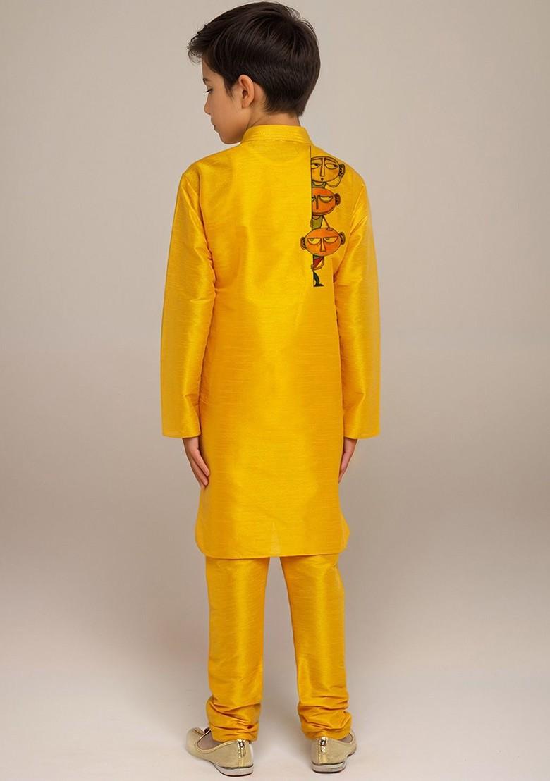 Yellow Printed Silk Kurta Set For Boys - Indya