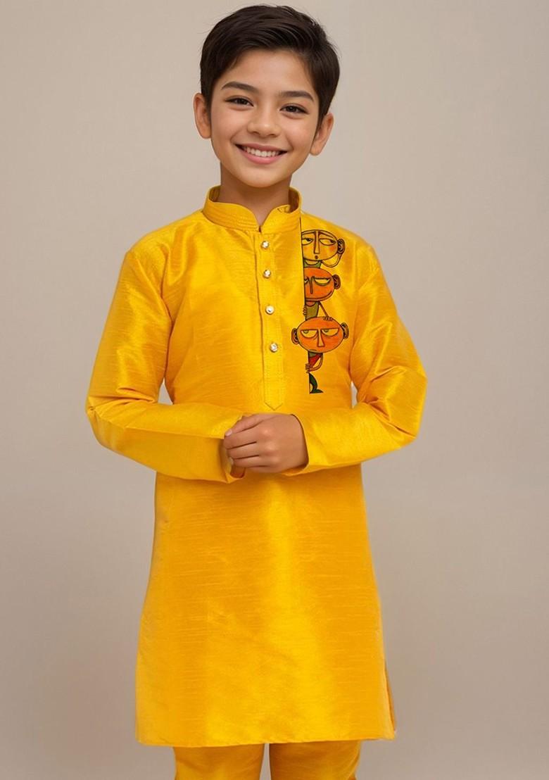 Yellow Printed Silk Kurta Set For Boys - Indya
