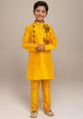 Yellow Printed Silk Kurta Set For Boys