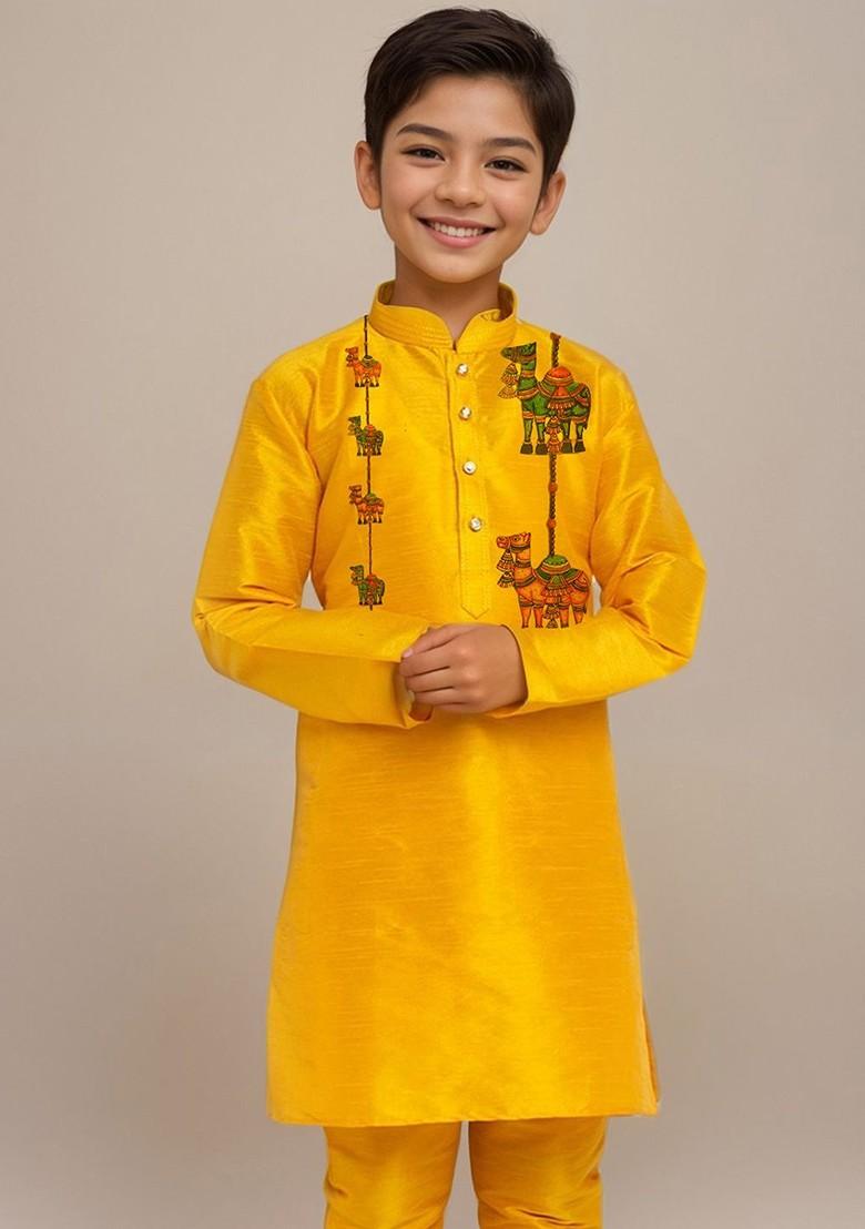 Yellow Printed Silk Kurta Set For Boys - Indya